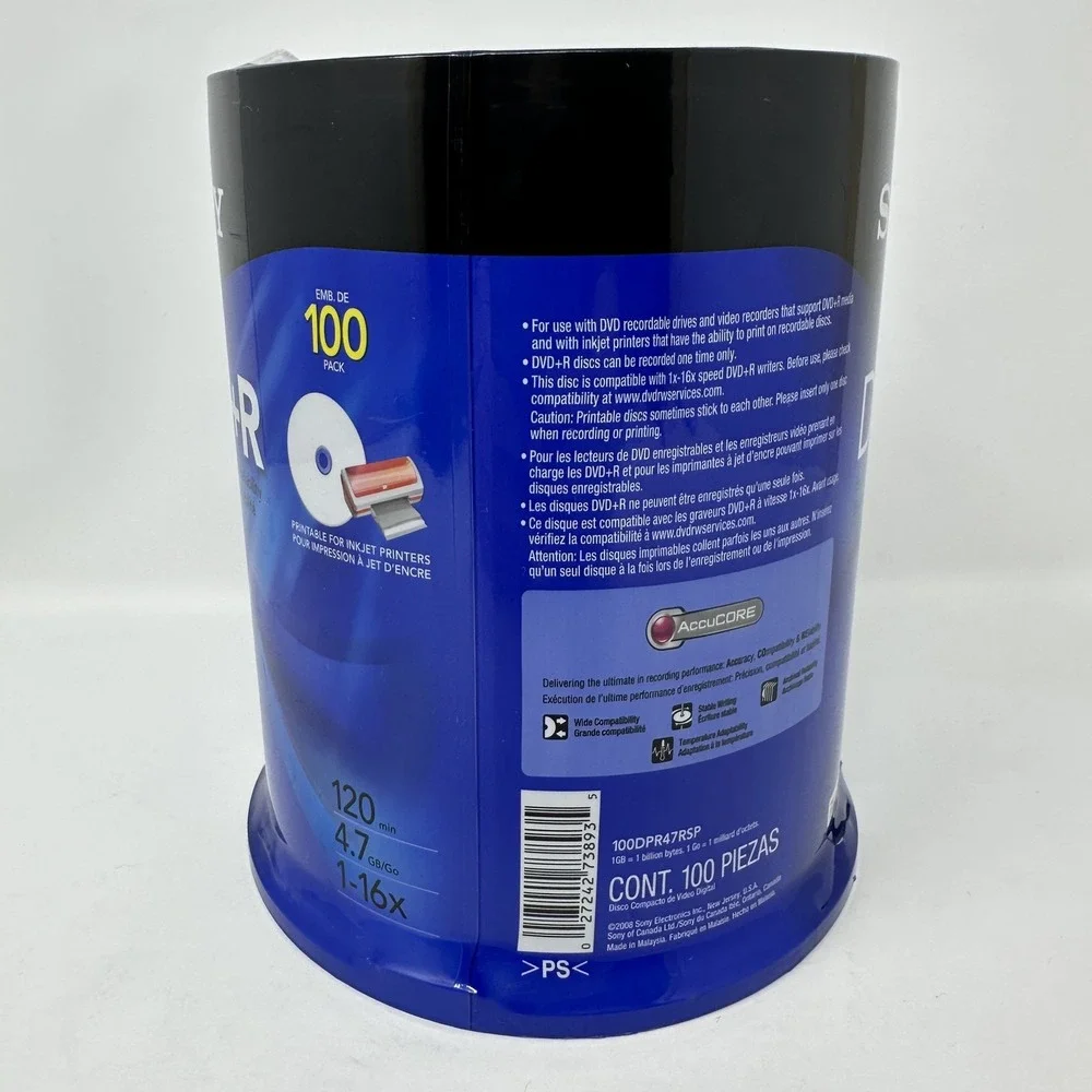 Sony DVD+R 100 Pack 4.7GB 120min 16x Printable‎ for Inkjet Printers AccuCORE New
